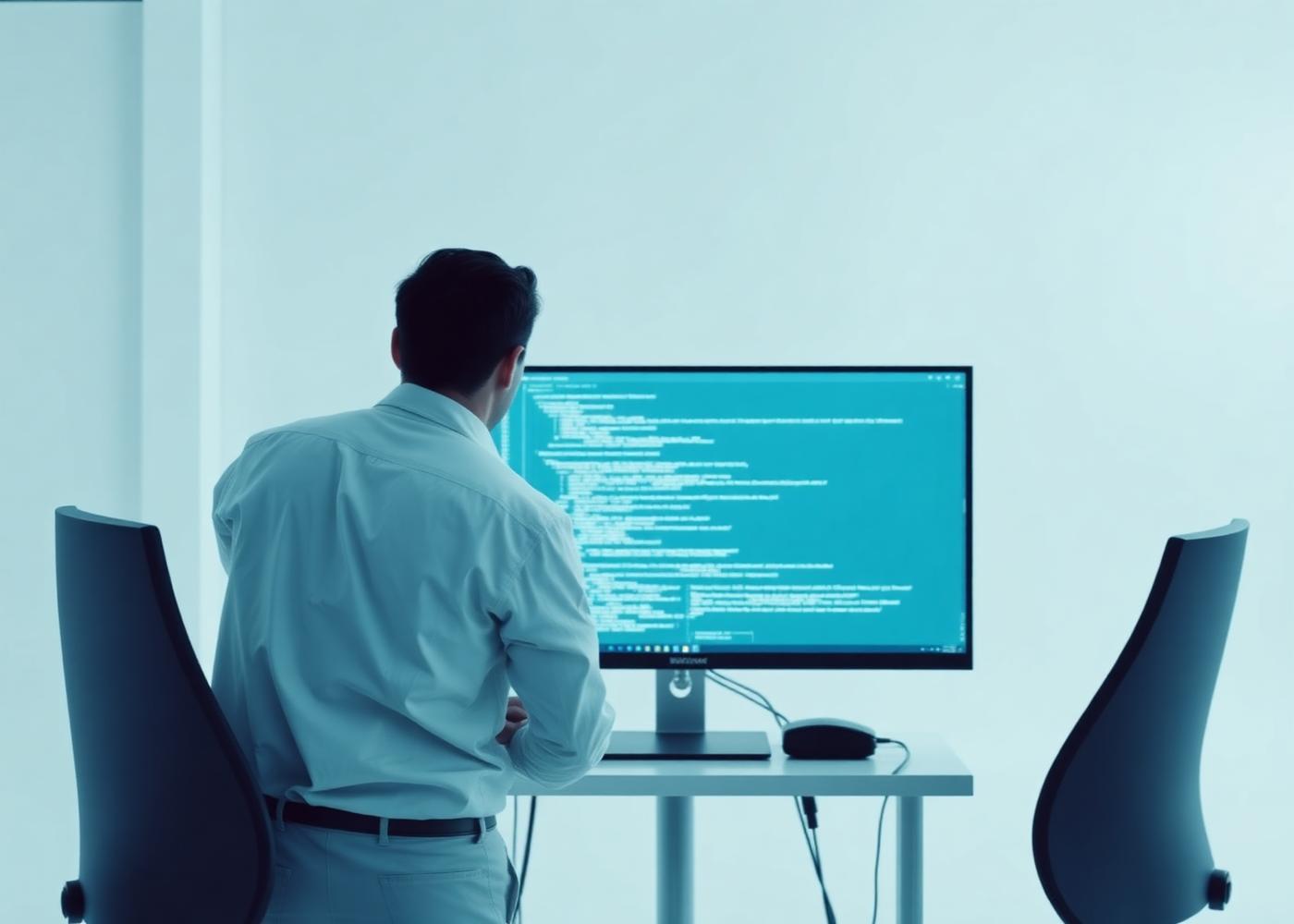 Engineers reviewing code on a large monitor in a bright studio