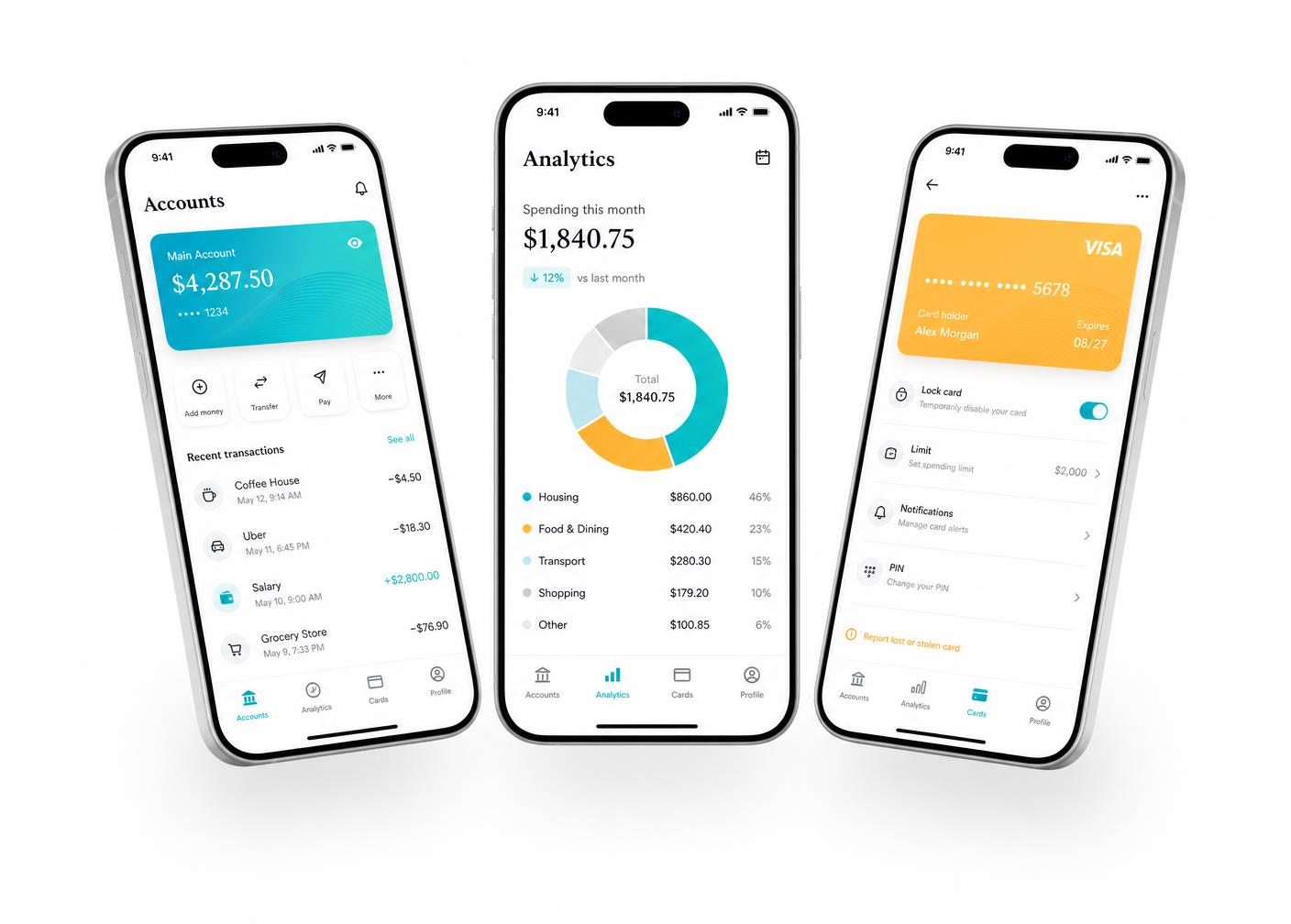 Three mobile application screens on a white background