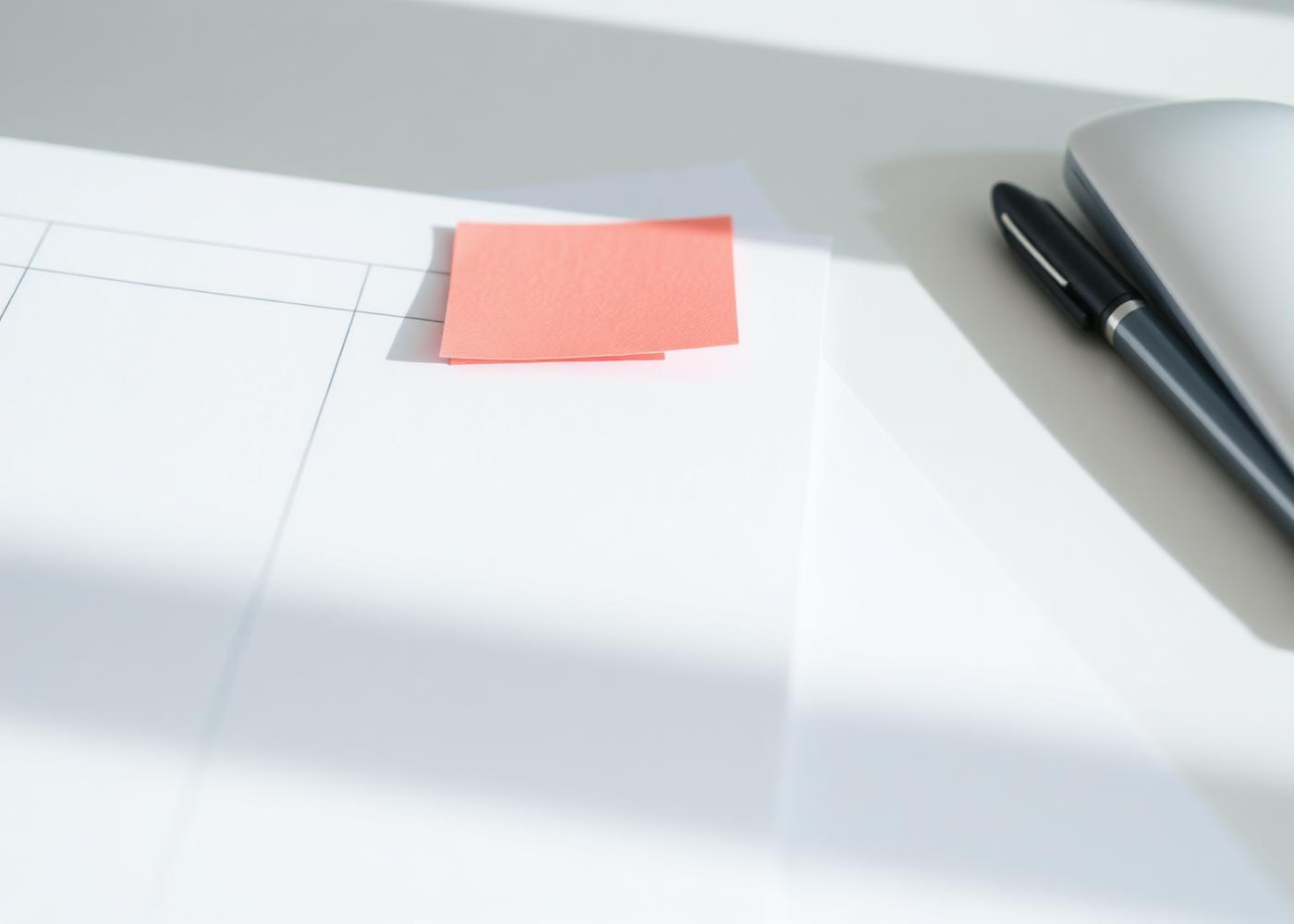 Printed wireframe sheets on a white desk with a coral sticky note
